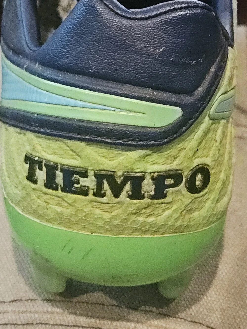 Nike TIEMPO Men's Navy Blue Soccer Training Shoes with Aqua and Lime Accents